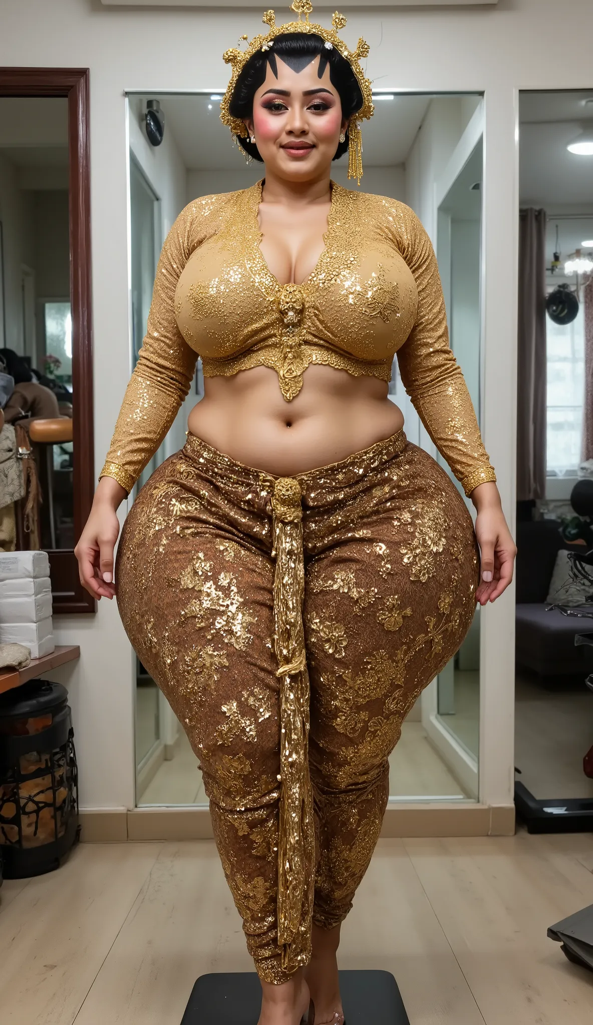 I am a 56 year old pregnant Indonesian woman, wide hips, wearing a gold kebaya and high heels. Being hugged from behind by my 20 year old husband, he is holding my hips.Anatomically Correct, Textured Skin, realistic skin, Super Detailed, High Quality, High...