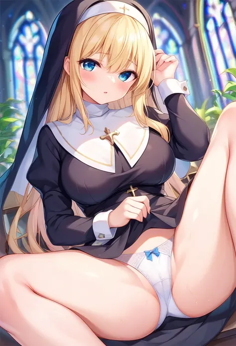  girl、nun's habit、blonde hair、blue eyes、spread legs,panties、church、blush、 Chest Valley、 sexy