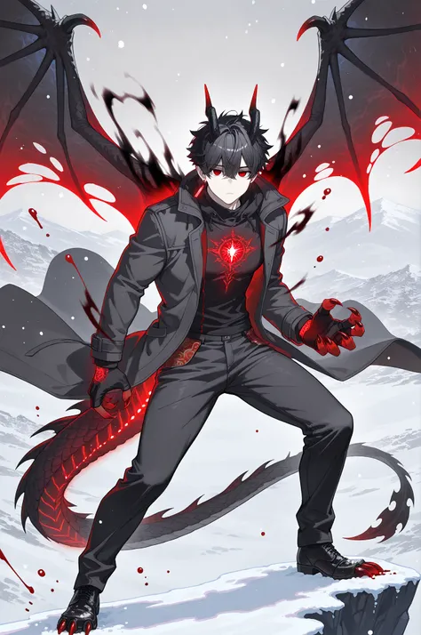 masterpiece, best quality, amazing quality, very aesthetic, photorealistic, shiny, vibrant colors, 1boy, male focus, Kuroki Ren, red eyes, black hair, short hair, single red earring, dragon man, dragon horns, dragon wings, dragon tail, (((glowing scale, cl...