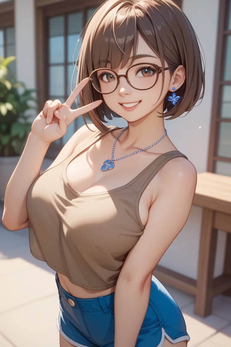  1 girl、  peace sign with both hands、  bob cut  、Tall Girl、light brown skin girl、  provocative、 Blue Necklace、  dark brown hair、 Blue earring 、tank top、blue shorts、brown colored glasses、smile、Upper breast、