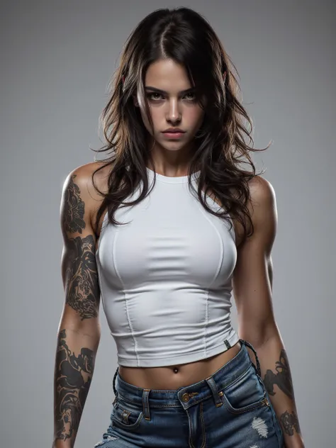 A bold and skilled female wrestler with oily skin，Only 23 years old，excels at acting alone， muscular lines marked ，energetic female character，wearing a white sleeveless T-shirt and short jeans，(fierce passion:1.2)，Tattoos 1.5