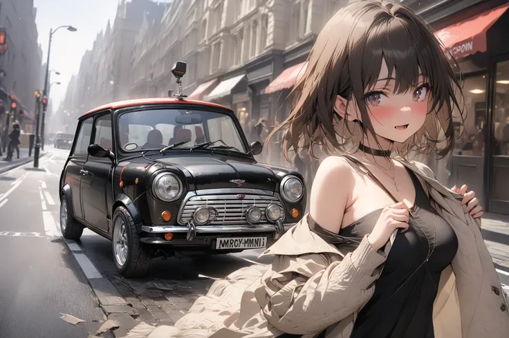 (masterpiece, detailed:1.2), One Girl, (18-years old), brown long Bob Cut, Medium Breasts, off shoulder,BREAK, Highest quality, on a London road, BREAK, standing, "Rover mini cooper", 