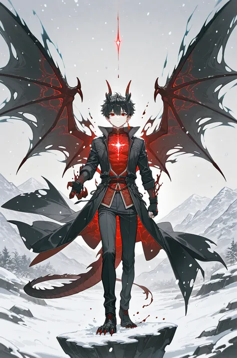 masterpiece, best quality, amazing quality, very aesthetic, suou (sdurorhr), ningen mame, (ciloranko:0.7), photorealistic, shiny, vibrant colors, 1boy, male focus, Kuroki Ren, red eyes, black hair, short hair, single red earring, dragon man, dragon horns, ...