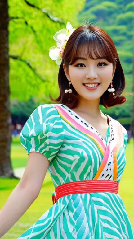 Masterpieces, Medium Rana Image,  beautiful girl, Japanese-Korean Half-Ball Girl,  in the park, close-up full screen shot, images, Happy day of a Muse mountain girl in a beautiful local dress, stopping in front of the camera, three of them smiling very cha...