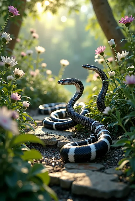 Beautiful snakes coloured white and black in beautiful garden.