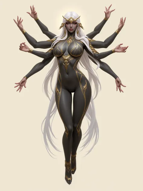 The digital masterpiece shows a many-armed goddess figure，uses a limited palette of black and light milky white，And embellished with gold，to create a charming contrast to the light beige background。This character shows elegance and power，with a dignified b...