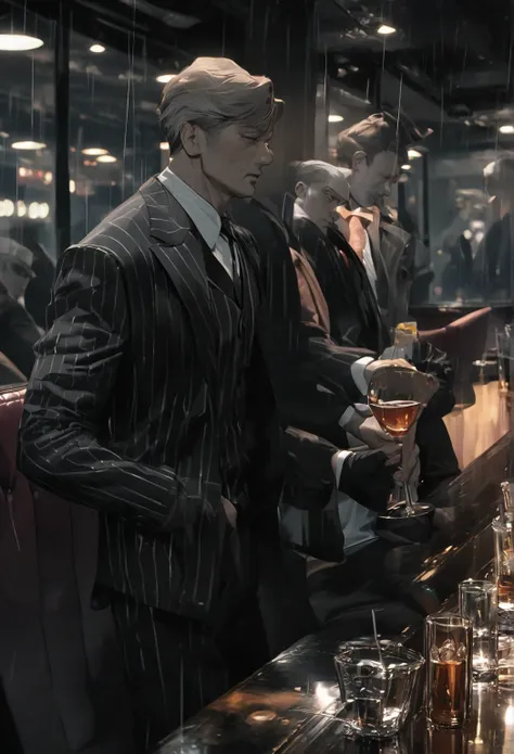 mature male gangsters in vintage black pinestripe suit, drinking in in mafia bar in New York, bright daylight grey sky, rainy aesthetic. The men must be handsome and elegant. The image must be in 8k
