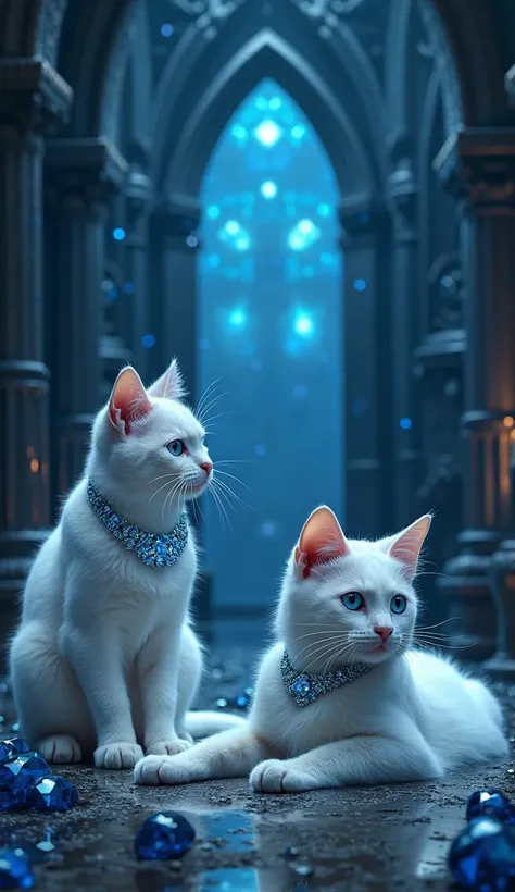 The scene inside the palace.The Diamond Palace with dark blue and blue diamonds.There are 2 big white cats in the room.They have a diamond collar on them. eyes are blue.The cat on the left is lying,The cat on the right is sitting.cinematic style+fantasy.Hi...