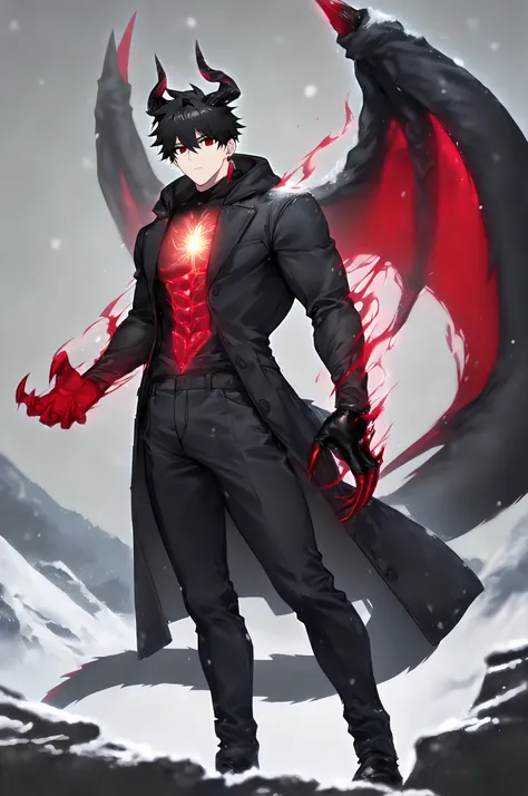 masterpiece, best quality, amazing quality, very aesthetic, photorealistic, shiny, vibrant colors, 1boy, male focus, Kuroki Ren, red eyes, black hair, short hair, single red earring, dragon man, dragon horns, dragon wings, dragon tail, (((glowing scale, cl...