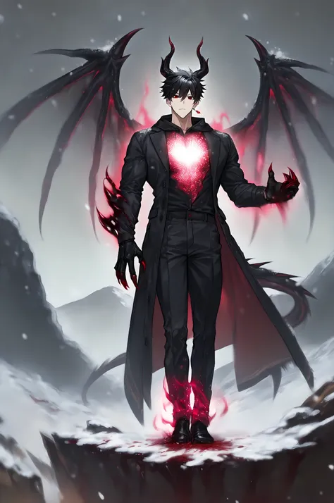 masterpiece, best quality, amazing quality, very aesthetic, photorealistic, shiny, vibrant colors, 1boy, male focus, Kuroki Ren, red eyes, black hair, short hair, single red earring, dragon man, dragon horns, dragon wings, dragon tail, (((glowing scale, cl...