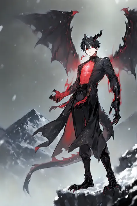 masterpiece, best quality, amazing quality, very aesthetic, suou (sdurorhr), ningen mame, (ciloranko:0.7), shiny, vibrant colors, 1boy, male focus, Kuroki Ren, red eyes, black hair, short hair, single red earring, dragon man, dragon horns, dragon wings, dr...