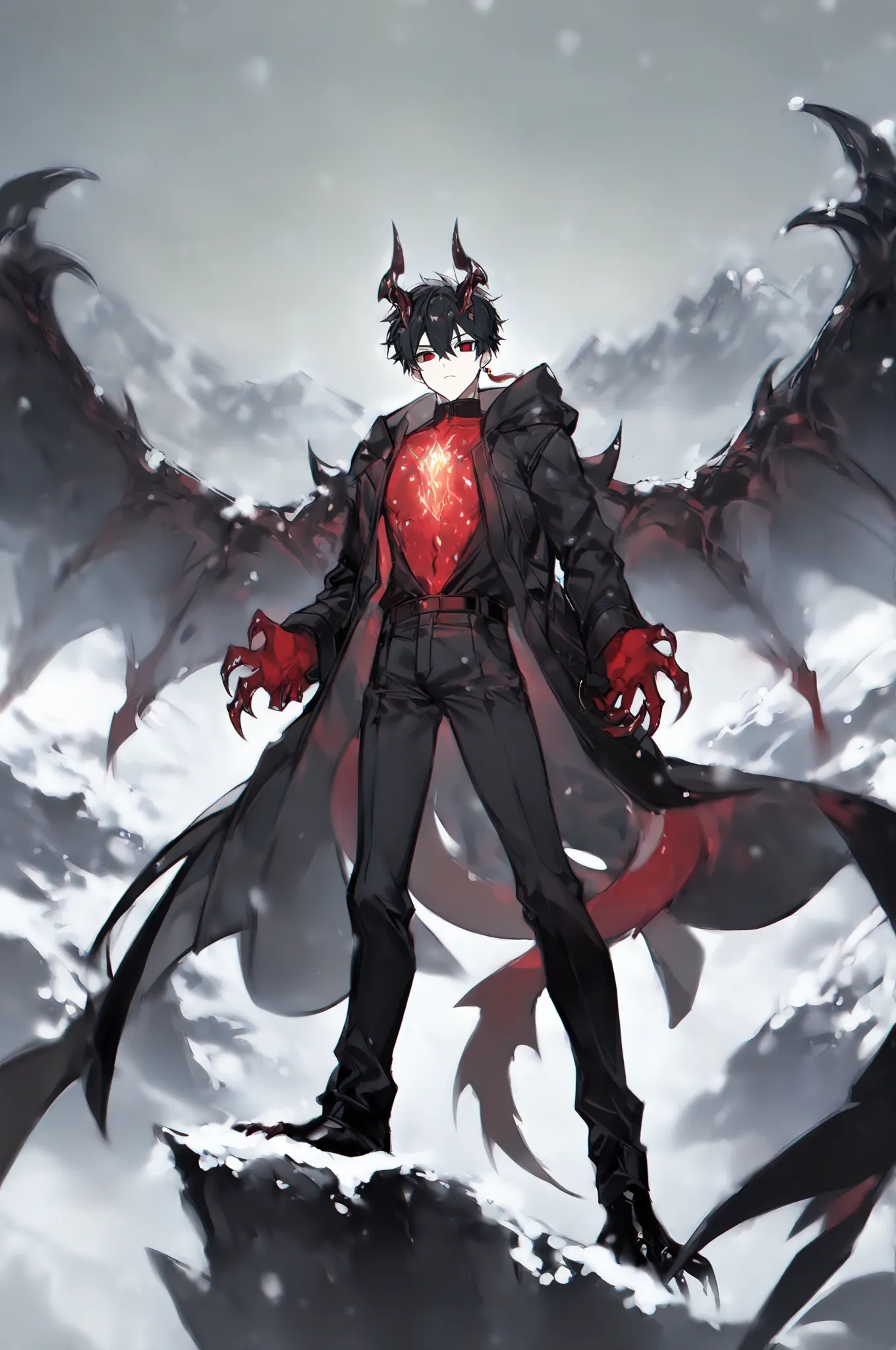 masterpiece, best quality, amazing quality, very aesthetic, suou (sdurorhr), ningen mame, (ciloranko:0.7), shiny, vibrant colors, 1boy, male focus, Kuroki Ren, red eyes, black hair, short hair, single red earring, dragon man, dragon horns, dragon wings, dr...