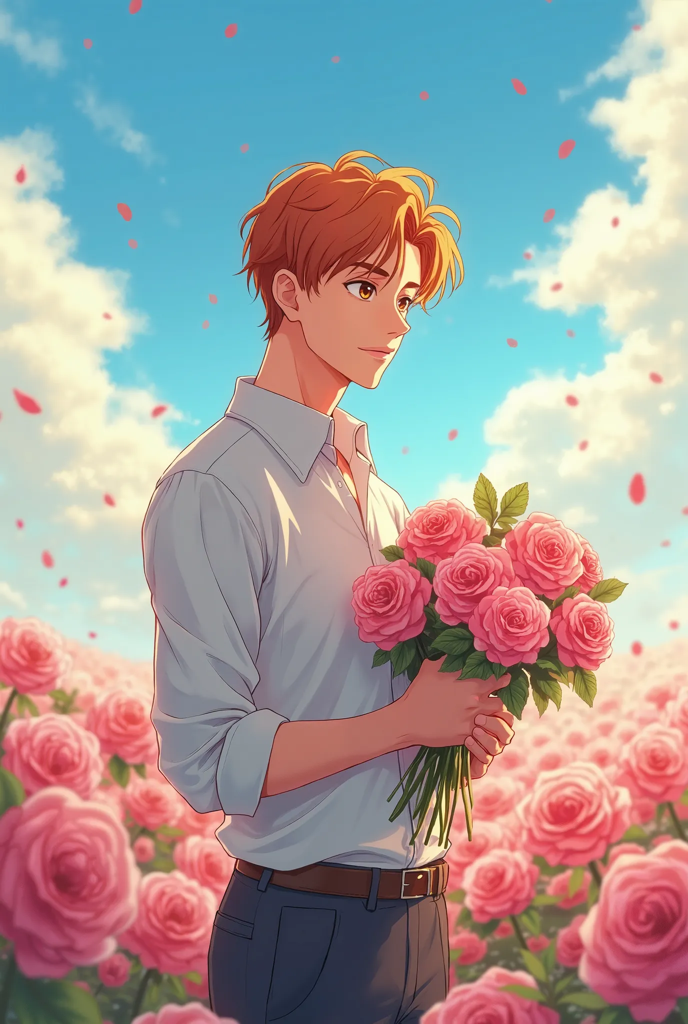 Create an Anime-style illustration of a man standing in a vast field of blooming pink roses. He has slightly tousled orange hair and beauty dark brown eyes and wears a crisp white button-up shirt with the sleeves rolled up, paired with dark trousers. He ho...