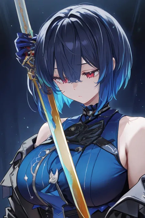  a girl with large breasts ,  blue hair, multicolored hair, detailed eyes,  bored expression , blue blouse, black coat, Bare shoulders, blue glove, holding a red sword with blue details, red eyes,  short hair, 8k, best quality 