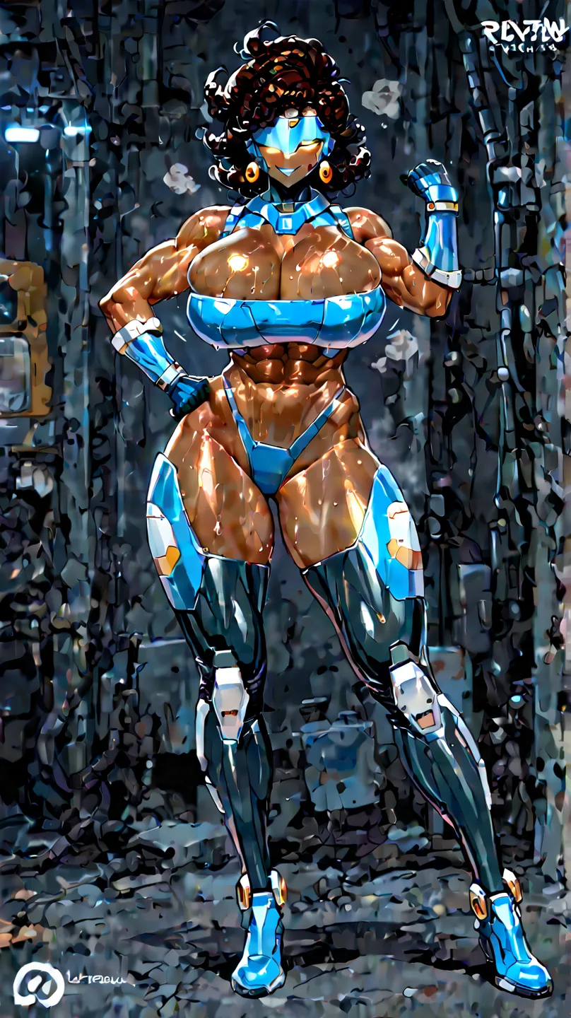  Robot woman, smile, short curly hair, deep cleavage, huge Breasts, Earrings, Glossy dark skin, abs, sweating, full body, athletic body, swaying hips