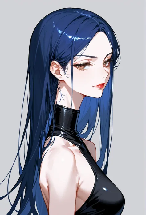 Artwork,,back view,adult female,single woman,alone,dark blue hair,long hair,long hair,long parted bangs,golden brown eyes,half closed eyes,frown smile,lipstick,full lips,expressionless,white skin,medium breast,black high neck sleeve body dress,long bangs w...