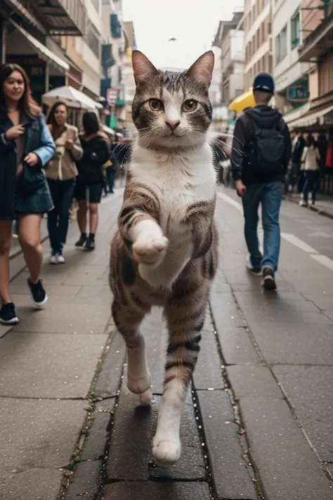 Make another photo of a cat that is chased by people 