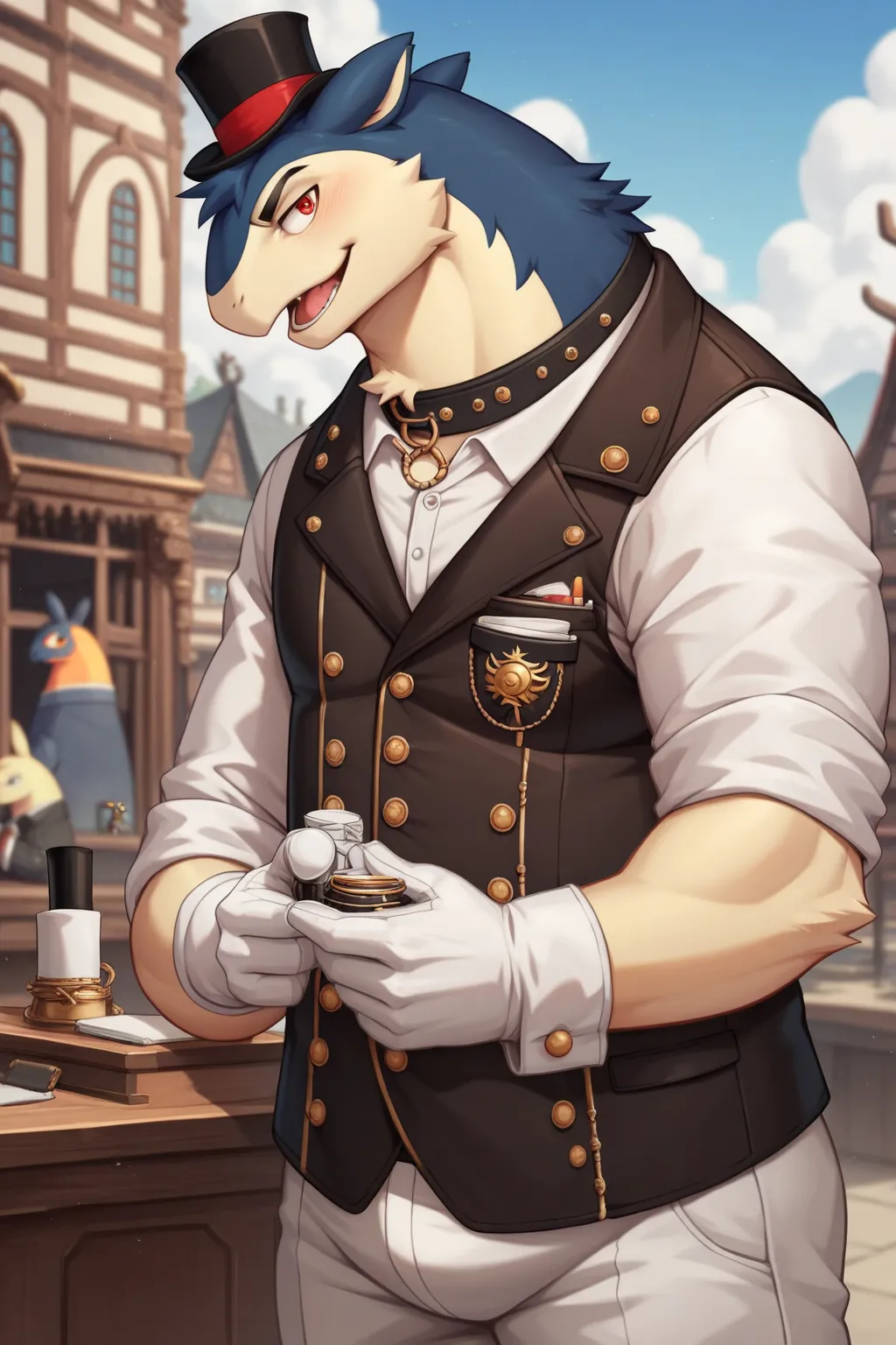 Male Scribble Typhlosion face,Humanity(Typhlosion),Chubby,(Black eyebrows:1.1),(Perfect eyes),fur，（artist:Takemoto Arashi），steampunk, Gentleman, top-hat, Outside background，（Leather Collar:1.3），leather collar has a round collar-tag, round collar-tag, (Whit...