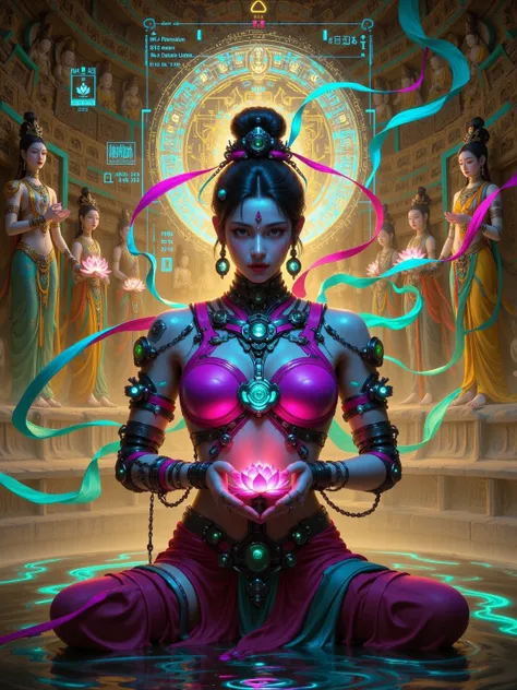 digital temple with glitch effects，The main body is[The quantum entangled statue of Shiva]，holding[four arms respectively][pixelated Dharma wheel][Noise drum][binary fire pot]。 background is[crashed blockchain sky]，presenting a mosaicized Vedic star map。us...