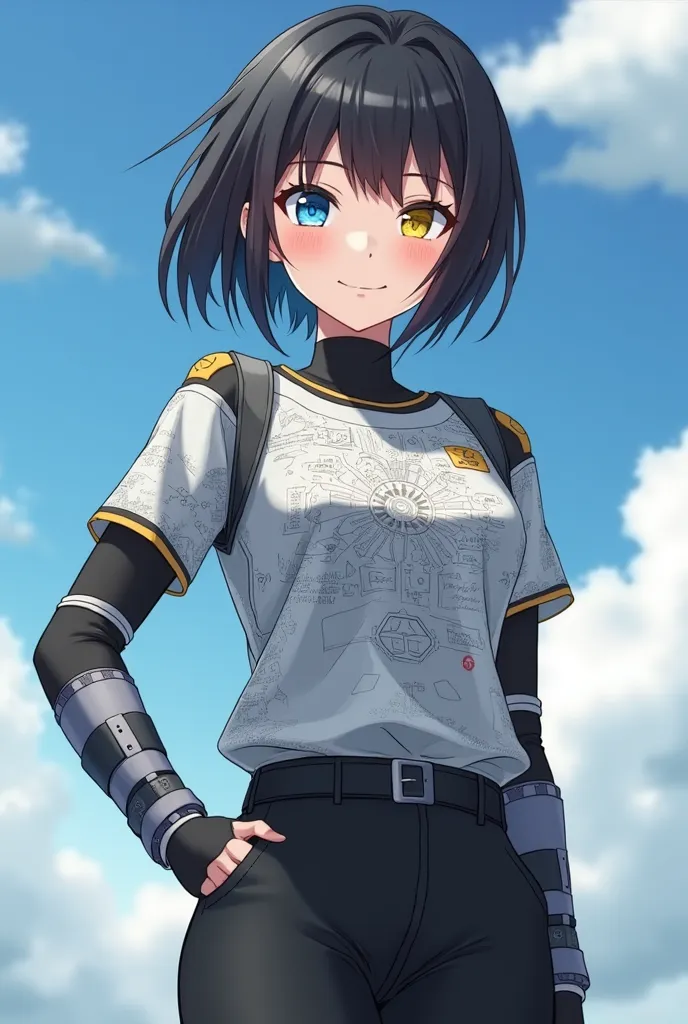 ,  best quality, You can make an 18-year-old girl,  light leather balcony, black hair, left eye blue and right eye yellow, gray and white shirt with Technological drawings,  black pants, technological gray armband, Smile of happiness, anime style 