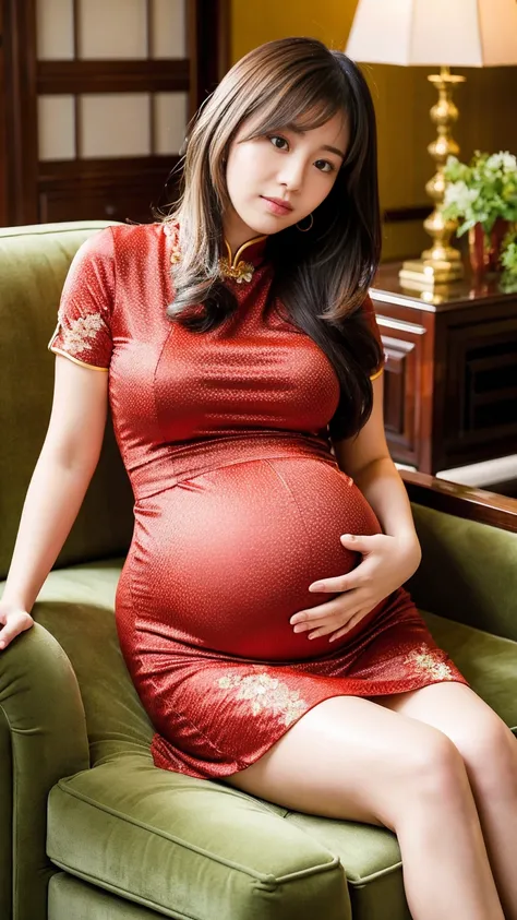 masterpiece, Best Quality, 8K,looking at the viewer,Japanese Lady,20 years old, huge pregnant, Voluptuous, luxury living room background, Chinese cheongsam, shoulder length hair with fringe, sitting 