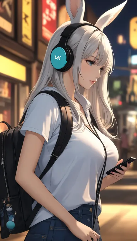 A busty Viera girl wearing headphones and a backpack is looking at her phone,  Anime Style 4 k, Alice x. open,   digital animation art , Nightcore,  Digital Animated Illustration ,  Anime Styled digital art,  Anime Art Wallpaper 4K,  anime art wallpaper 4k...