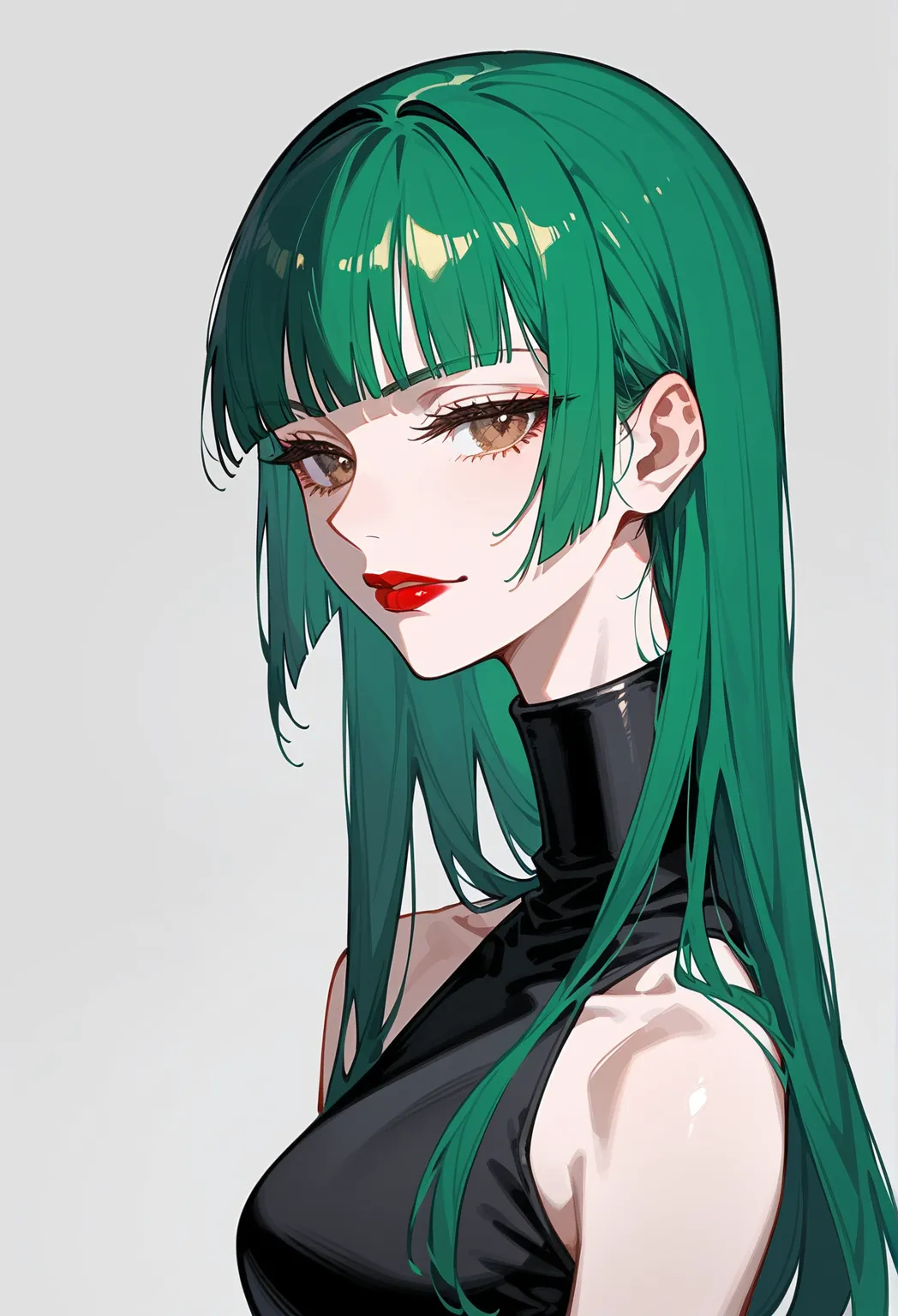 Artwork,,back view,adult female,single woman,alone,dark green hair,long hair,long hair,short blunt bangs,golden brown eyes,half closed eyes,frown smile,red lipstick,full lips,expressionless,white skin,medium breast,black high neck sleeve body dress,long ba...