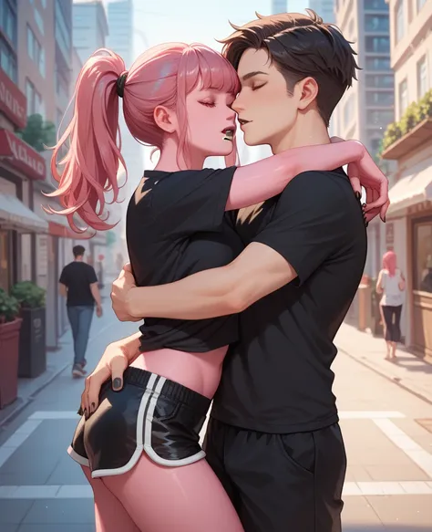 Girl with pink skin, pink skin color, dark pink hair, ponytail hair, ponytail with bangs, black lipstick, Red eyes, Black nails, black t-shirt, Black clothes, legging shorts, closed eyes, hugging a man, city, standing