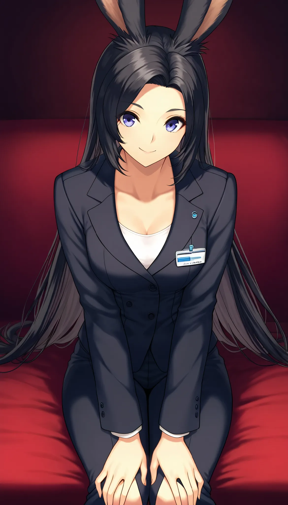   score_9,  score_8_up,  score_7_up, super detailed,  BREAK Complete Anatomy   ,     Beautiful face and eye details are curved forward ,  1 Viera girl  ,    black hair,    straight hair ,amount,smile,   business suit, Bend, get down on your knees ,  big br...