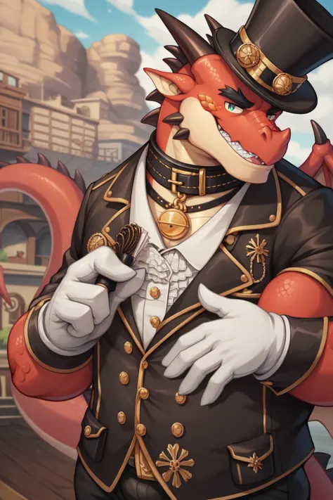 Male Scribble Dragon face,(Dragon),Chubby,(Black eyebrows:1.1),(Perfect eyes), scaly skin，（artist:Takemoto Arashi），steampunk, Gentleman, top-hat, Outside background，（Leather Collar:1.3），leather collar has a round collar-tag, round collar-tag, (White Gloves...