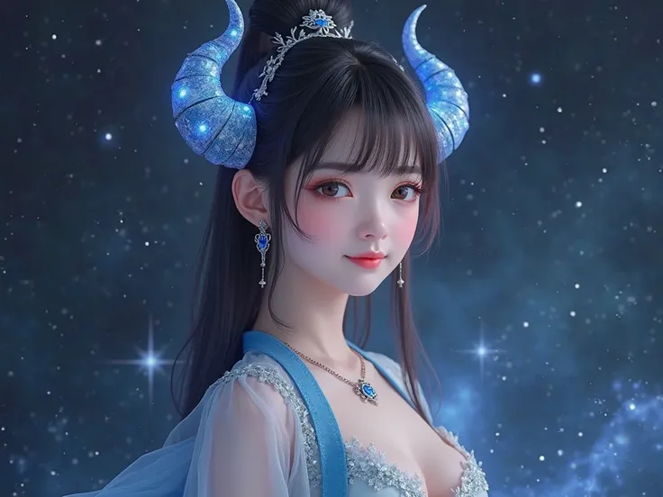 " 1 beautiful girl in traditional costume , (( puts the girl's arm behind her back :1.2)),  Magical Hair Light Set,  Beautiful Cleavage , Long hair with bangs , Light blue mixed with white, (( the most beautiful and fine hair accessories :1.8)), Super cute...