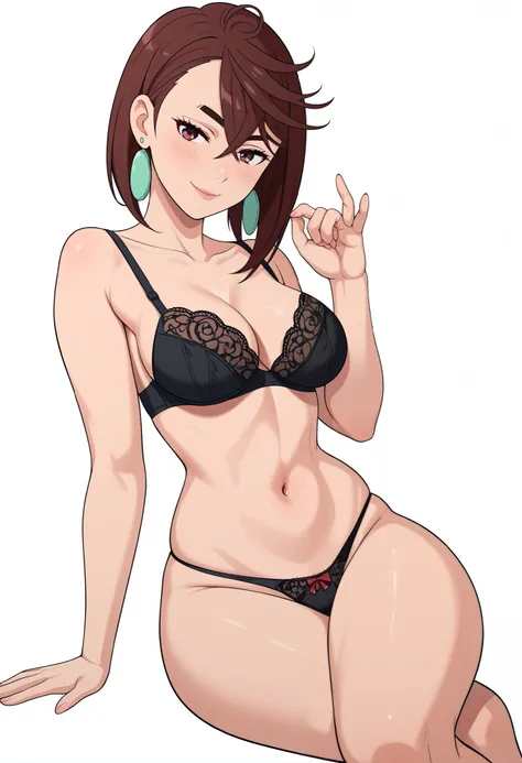 momo ayase, short hair, brown hair, brown eyes, bangs, thick eyebrows, medium breasts,,、CLEAVAGE, , earrings, blush, cleavage, Wearing only a luxurious satin and lace black lingerie set (padded bra and matching panties) with bold red velvet trim, exaggerat...