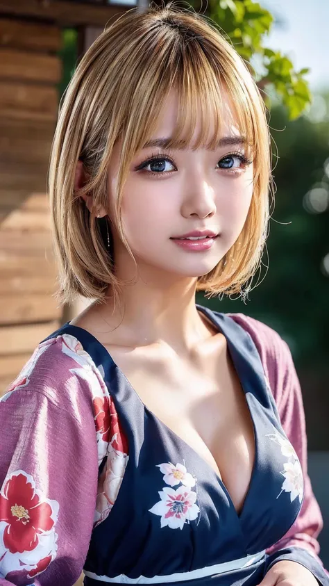 ((masterpiece, TOP QUALITY, high resolution,  super high heels)),  Japanese high school girl,( by Nomi:1.5)、 smiles、great face、closed mouth、 sharp mouth、Glossy Lips 、short hair,(Beautiful blonde:1.5)、Floral Yukata、 Long Sleeve、 textured skin、 big breasts、 ...