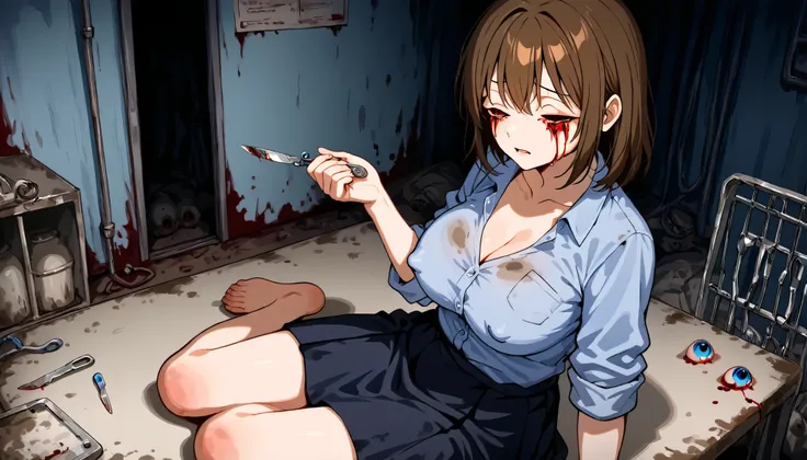 A beautiful blind young woman dressed in dirty blue shirt with rolled up sleeves and skirt searching blindly in the dark dirty old room, strong, big breasts, dirty shirt, (light blue button down shirt), ((collarbone)), ((cleavage)), (((sleeves rolled up)),...