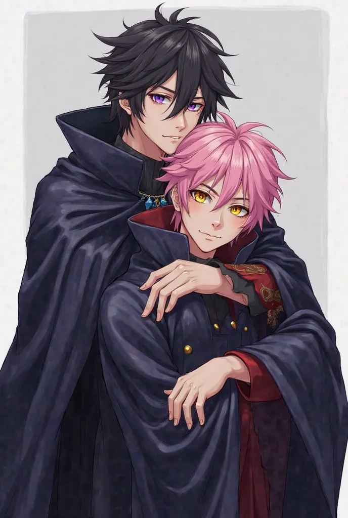 "A tall man with black hair and purple eyes, wearing a wizard's robe, is embracing a beautiful-faced man with pink hair and yellow eyes from behind. Both of them are men, dressed in wizard robes, and looking directly at the camera."