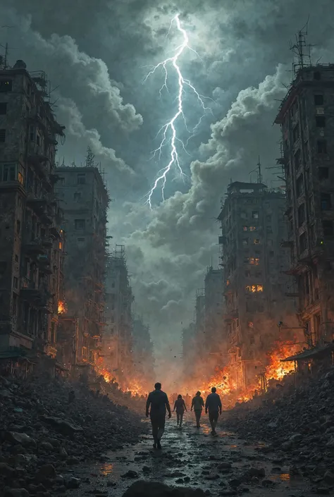 An apocalyptic scenario with violent storms, lightning cutting through the dark sky and a ruined city. Frightened people rush through the streets, as smoke and fire emerge from destroyed buildings.  The atmosphere is tense and dark , conveying a sense of d...