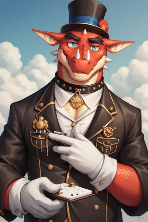 Male Scribble Dragon face,(Dragon),Chubby,(Black eyebrows:1.1),(Perfect eyes), scaly skin，（artist:Takemoto Arashi），steampunk, Gentleman, top-hat, Outside background，（Leather Collar:1.3），leather collar has a round collar-tag, round collar-tag, (White Gloves...