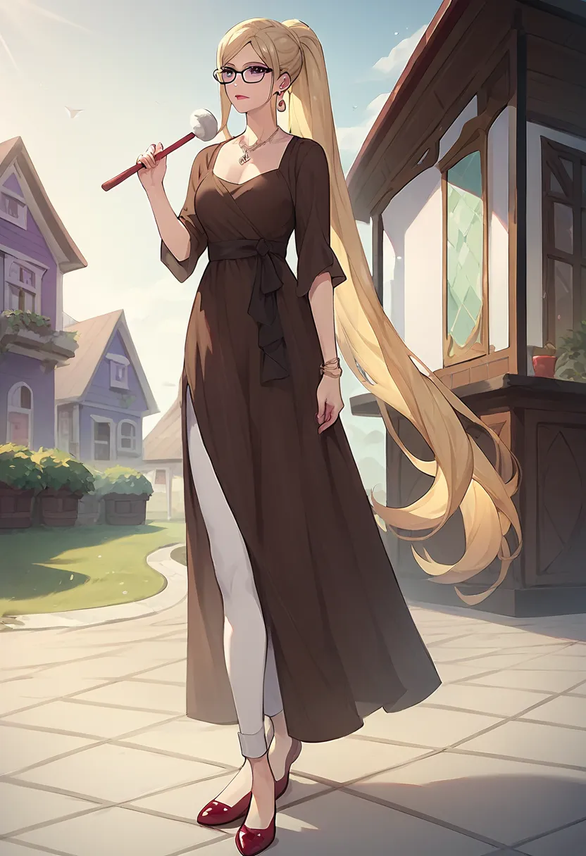 Bishamon, solo, mature, blonde hair, long hair, ponytail, violet eyes, lipstick, pale skin, black glasses, brown dress, white pants, necklace, earring, red shoes, natural expression, long medium shot, sweeping floor in house, highly detailed