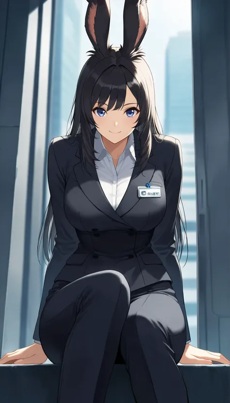   score_9,  score_8_up,  score_7_up, super detailed,  BREAK Complete Anatomy   ,     Beautiful face and eye details are curved forward ,  1 Viera girl  ,    black hair,    straight hair ,amount,smile,   business suit, Bend, get down on your knees ,  big br...