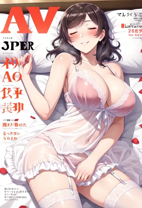  Japan AV magazine cover(((best quality))),(((super detailed))),(((Masterpiece))),illustration,1 girl,naughty_face,detailed face,OK，Sexy red transparent nightgown,garter straps garter belt,bra visible through clothes,closed eyes,Sleeping in bed，Lots of pet...