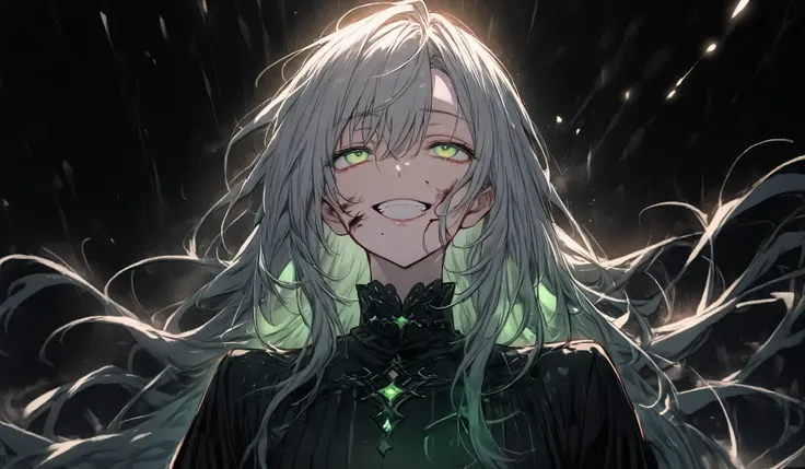 Beautiful boy with gray hair、 bad smile、((((Underexpose Lighting)))))、 Subtle yet dramatic lighting effects ，dark atmosphere、 beautiful and delicate eyes， best quality，Superb product、Black background 。Devilish smile、 long hair、 from a distance of a few met...