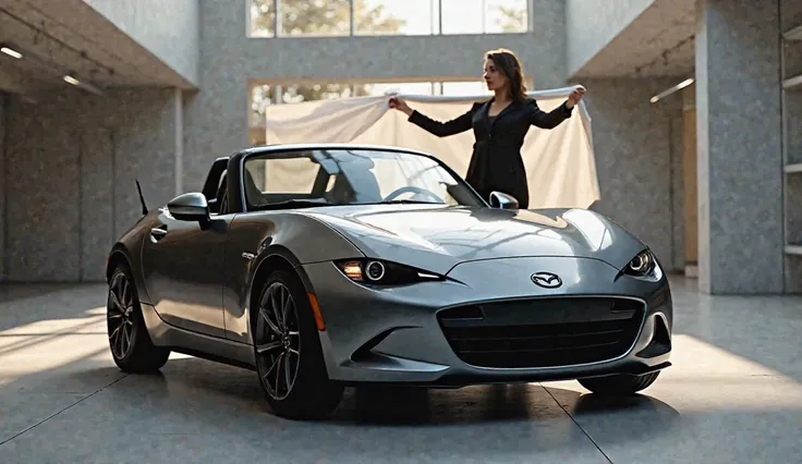 An image of a person unveiling the 2025 Mazda MX-5 Miata with a silk cloth being pulled off the car.