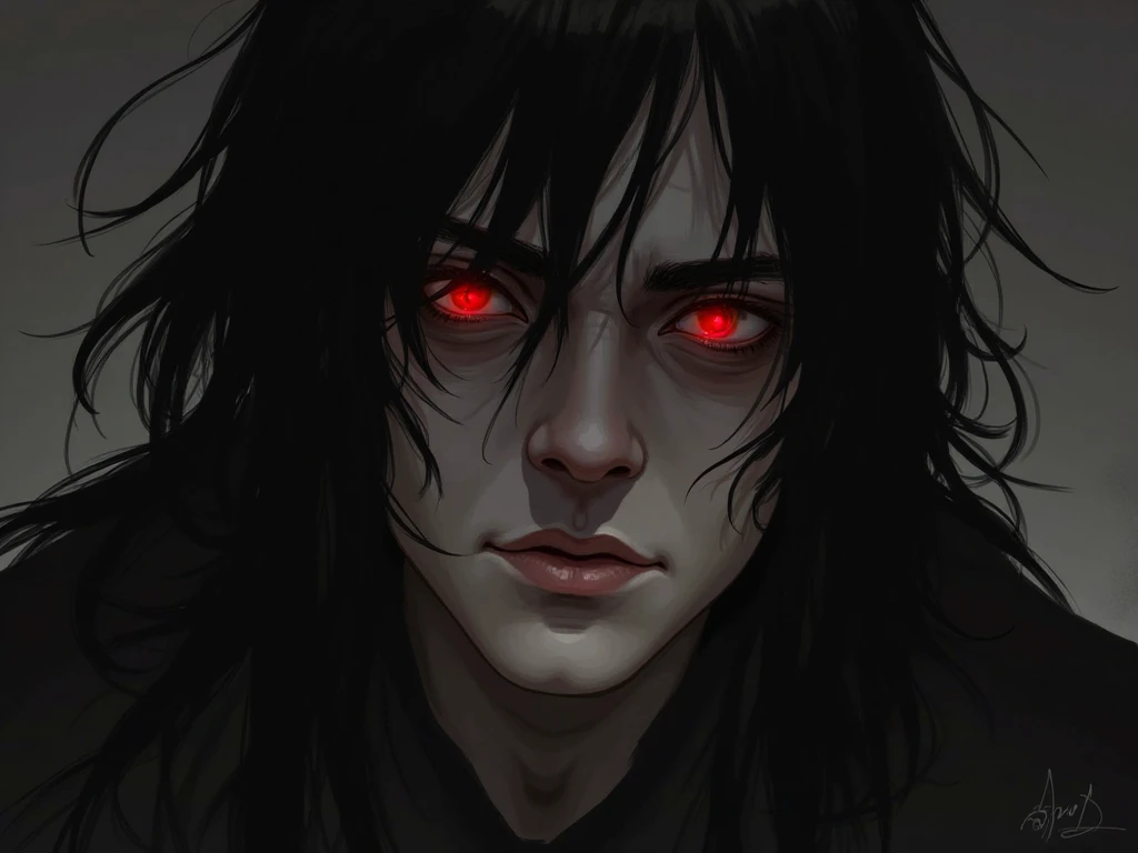 Red-eyed man with long black hair with dark circles 2D character