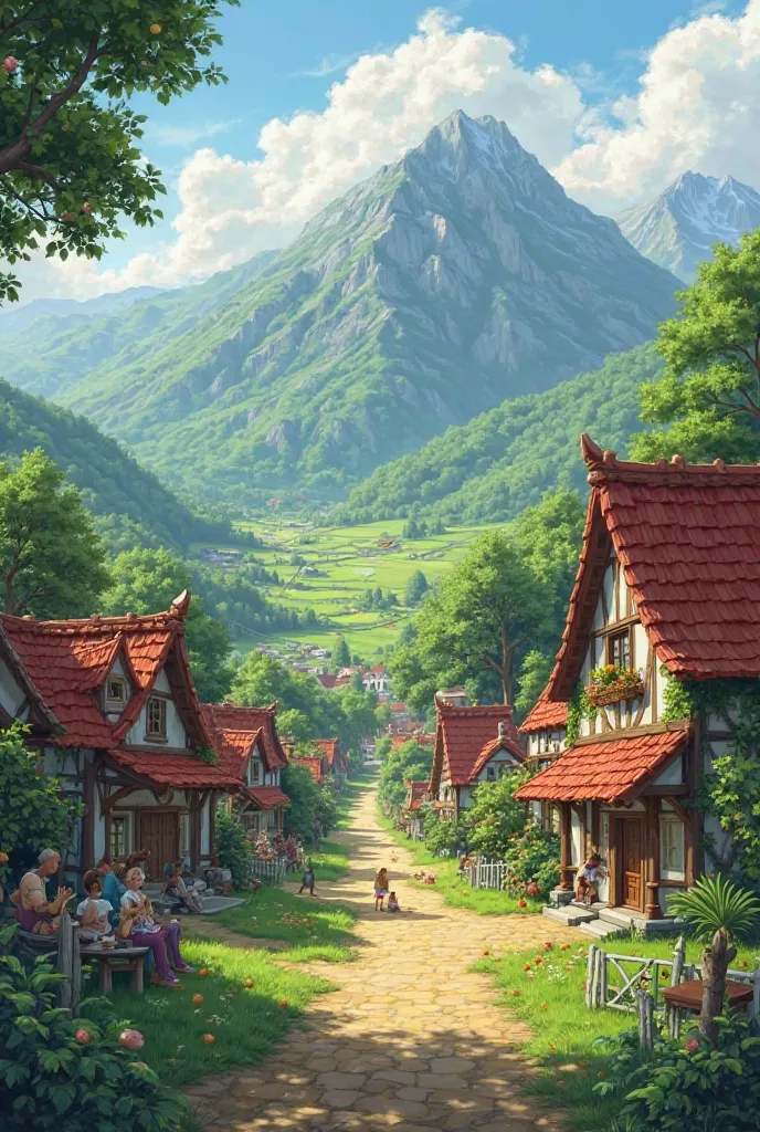 A lush village called Langryal, where there are raw and ripe houses, mountains and fields around. People in the neighborhood are sitting in the streets talking, ren are playing, and a school building is visible."