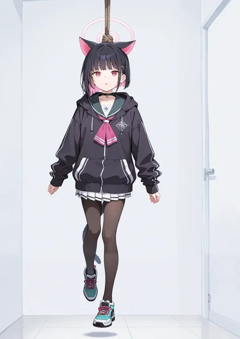 Masterpiece, hd, 1girl, Kazusa ,blue archive, jacket,pantyhose ,pleated skirt, hairclip,cat ears,hood,miniskirt,sailor collar,black jacket,neckerchief,black tail,black pantyhose,black choker,white skirt, wearing hoddie,colored inner hair,black hoodie,pink ...