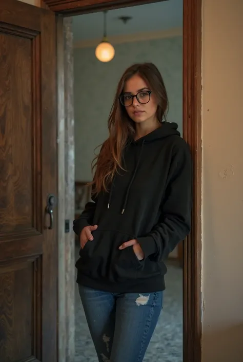 there is a woman standing in a doorway with a jacket on, a picture inspired by Ion Andreescu, tumblr, tachisme, wearing jeans and a black hoodie, with glasses, casual pose, girl wearing hoodie, mid shot portrait, casual photography, shot on nikon z9, full ...