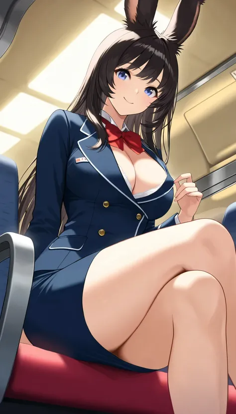   score_9,  score_8_up,  score_7_up, super detailed,  BREAK Complete Anatomy   ,     Beautiful face and eye details are curved forward ,  1 Viera girl  ,    cabin attendant、Alluring、 undress、 black hair,    straight hair ,amount,smile,  ビ cabin attendantの制...