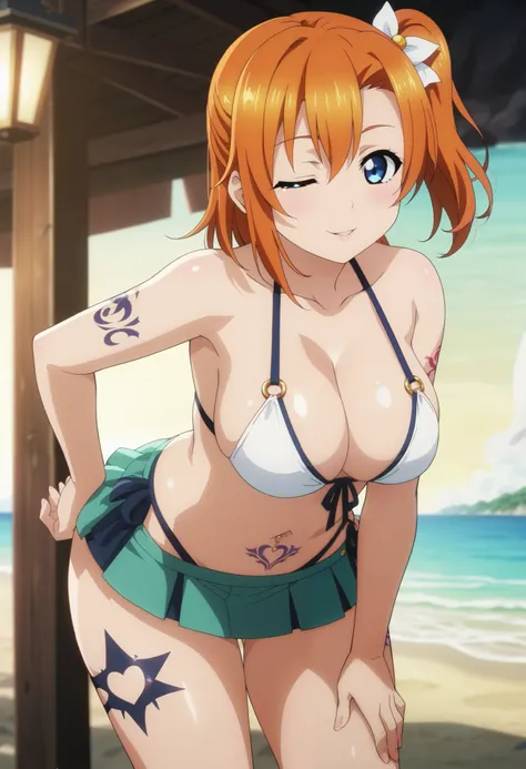 TRexStudio,source_anime, anime screencap, petite girl,Shiny skin, kousaka honoka, orange hair , blue eyes,big breasts,dynamic lighting, detailed shading,beach, HENTAI , revealing skirt bikini, big ass,bbw,white bikini, green short skirt, standing, front vi...