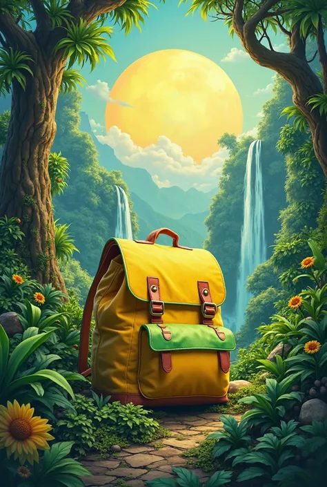 A yellow bag with green in a rainforest, with a huge sun and waterfalls 