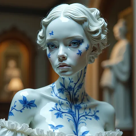  Super High Definition,Greatest Masterpiece,16k, very very very ,Historic Masterpieces,Pottery with Pure White Skin,Highly detailed blue pattern that looks like a tea set,fusion of pottery and humans,Humanization of Pottery,shiny and shiny porcelain skin, ...